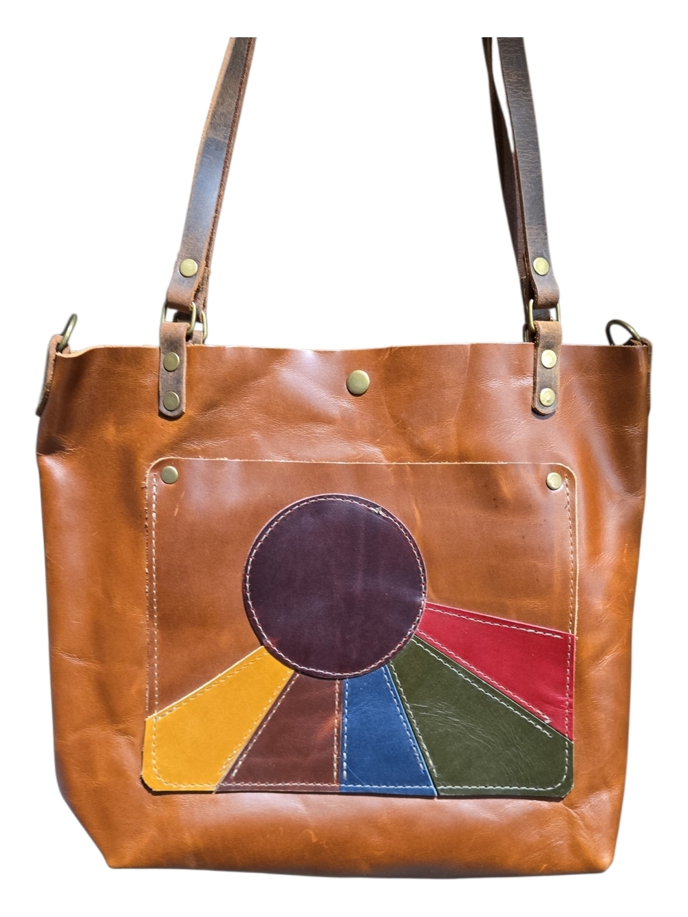 In Blue Handcrafted Tan Leather Tote with Colorful Sunburst Patch